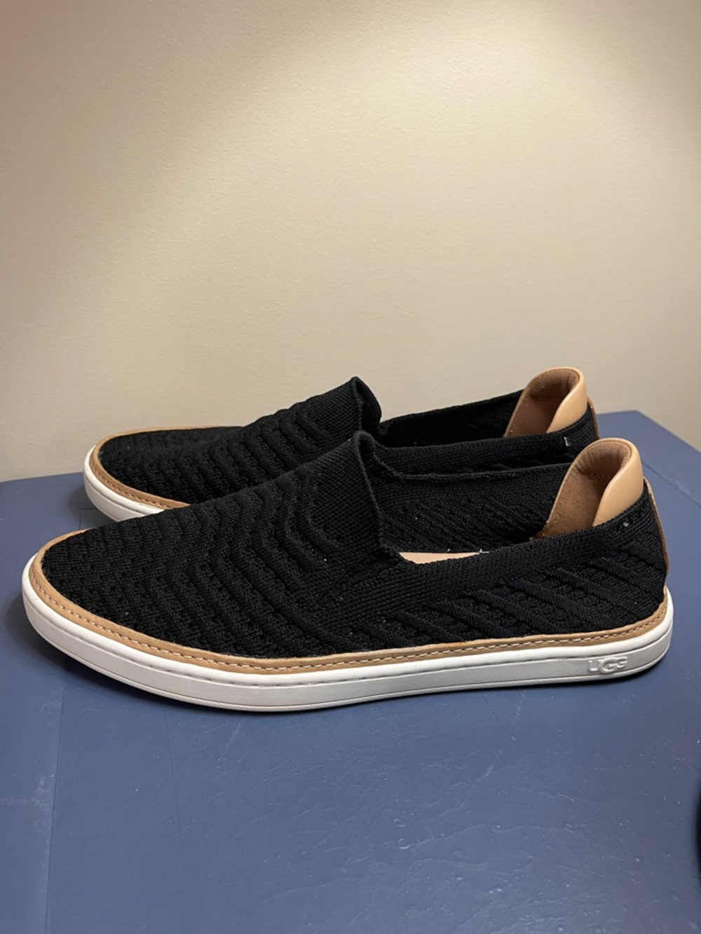 UGG womens Black Knit Slip-On Sneakers with Tan Accents